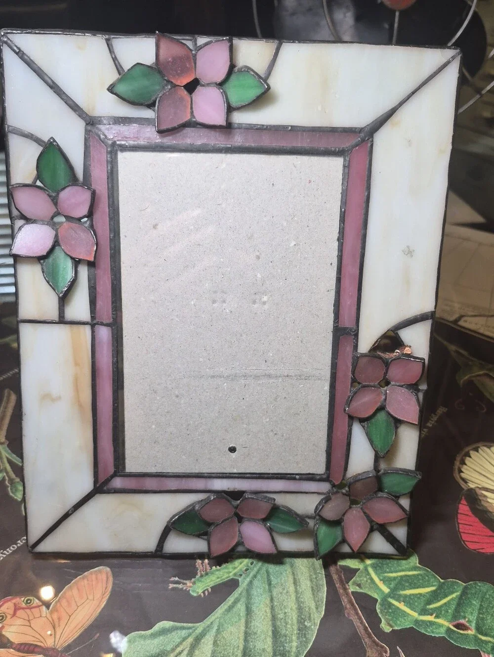 Stained Glass Floral Photo Frame - Pink & Green VINTAGE